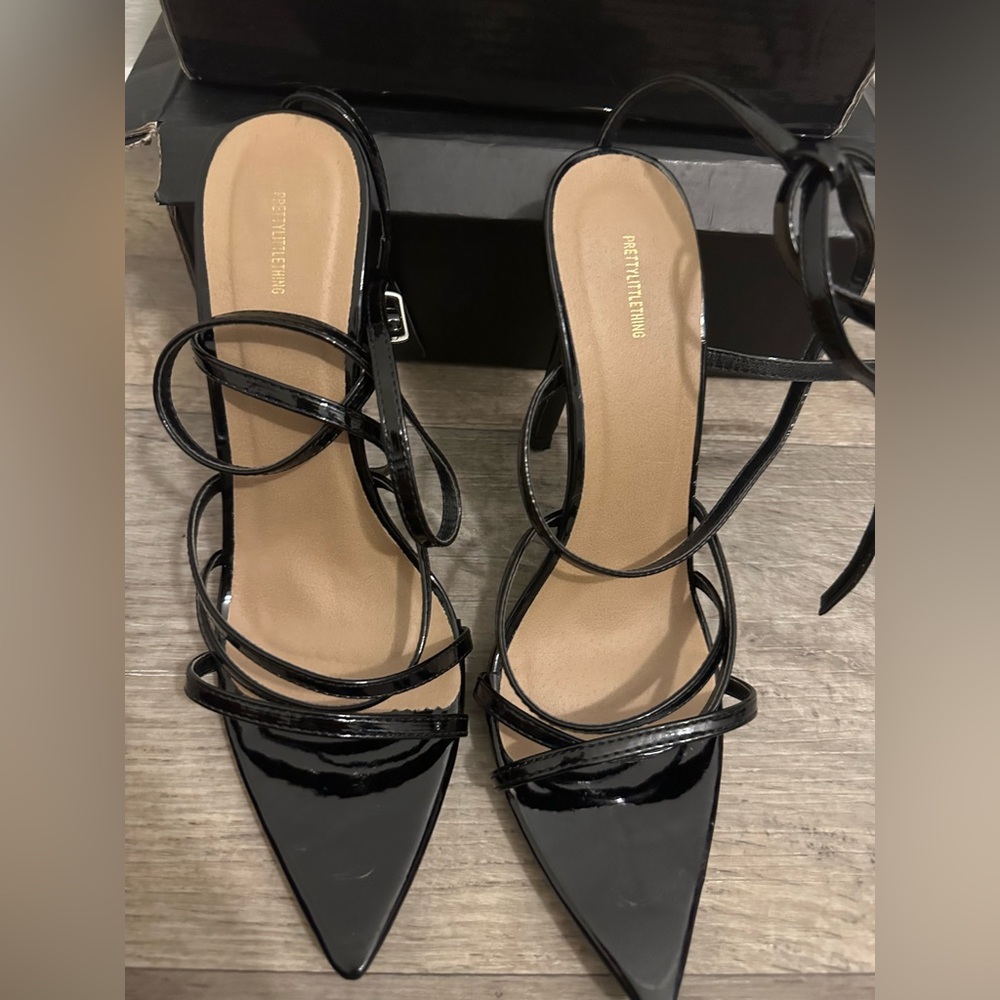 Black Patent Strappy Point Toe Heels